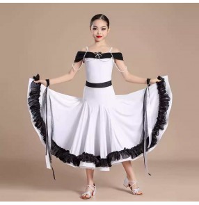 Kids children white black ballroom dance dresses for girls waltz tango junior stage performance long swing skirts 